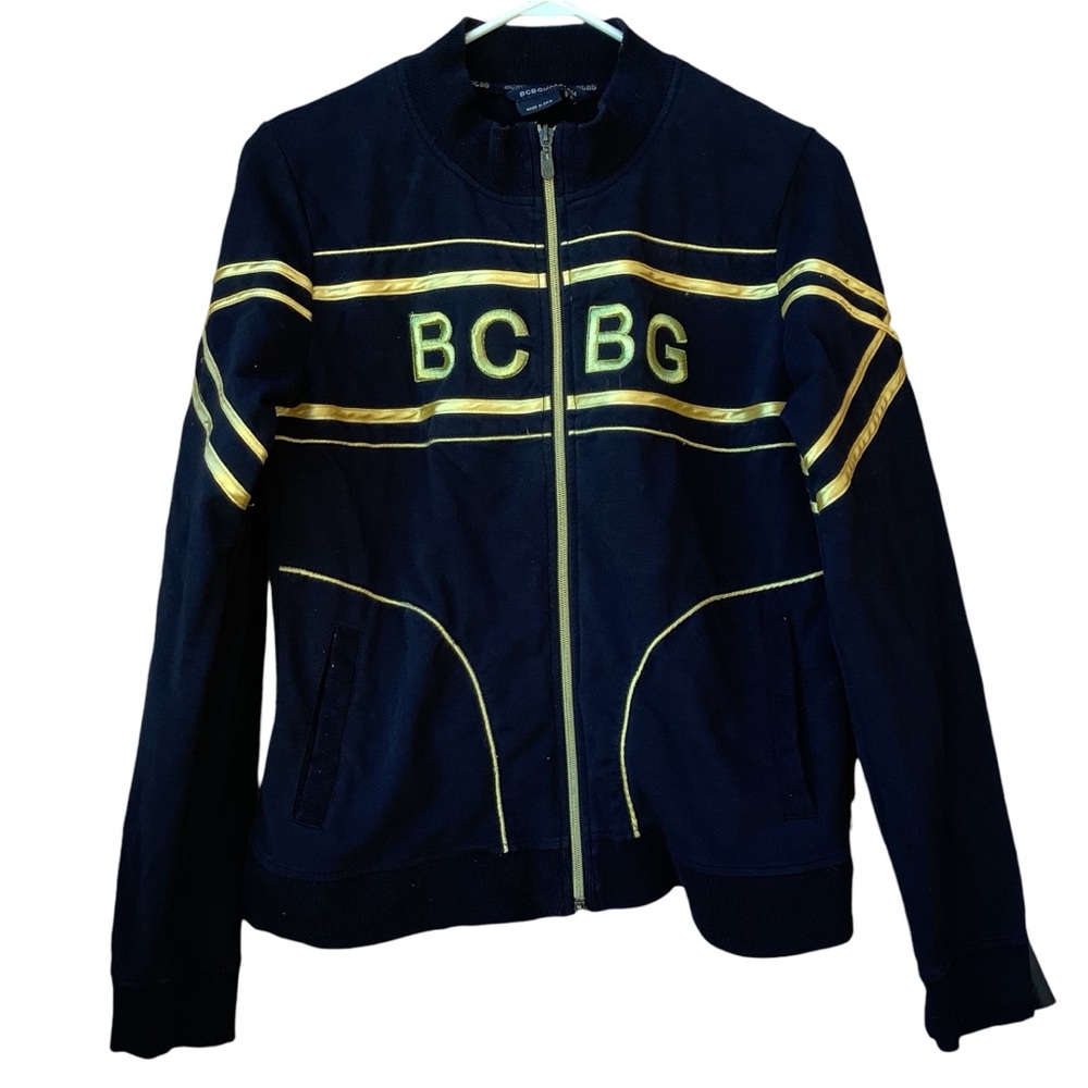 Large BCBG Maxazria Full Zip Black Gold Track Jacket Y2K